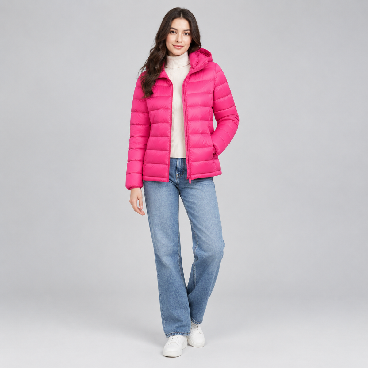 Women's Lightweight Hooded Quilted Jacket on a model, colour option