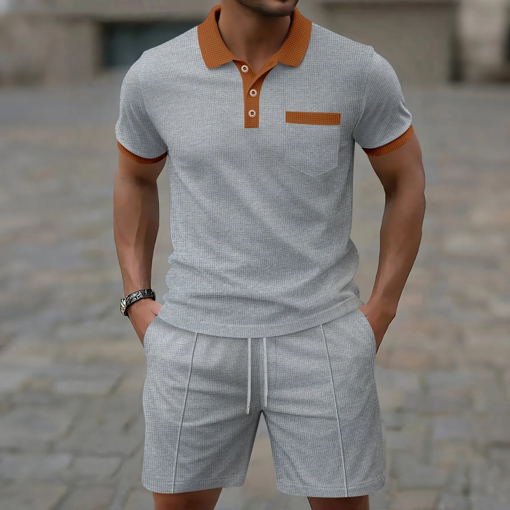 Men's Contrast Trim Polo Shirt Shorts Co-ord Set Summer