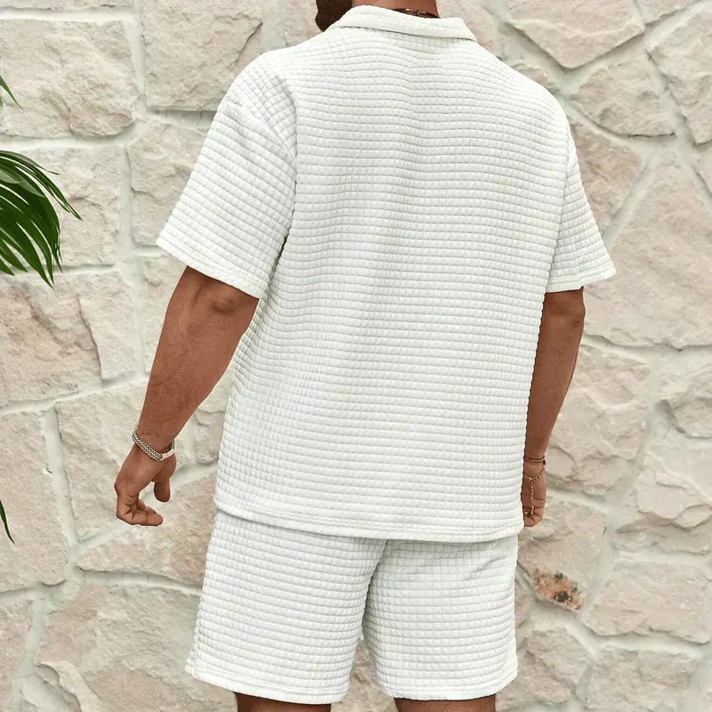 Men's Two Piece Waffle Texture Zip Polo Shirt and Shorts Set Summer