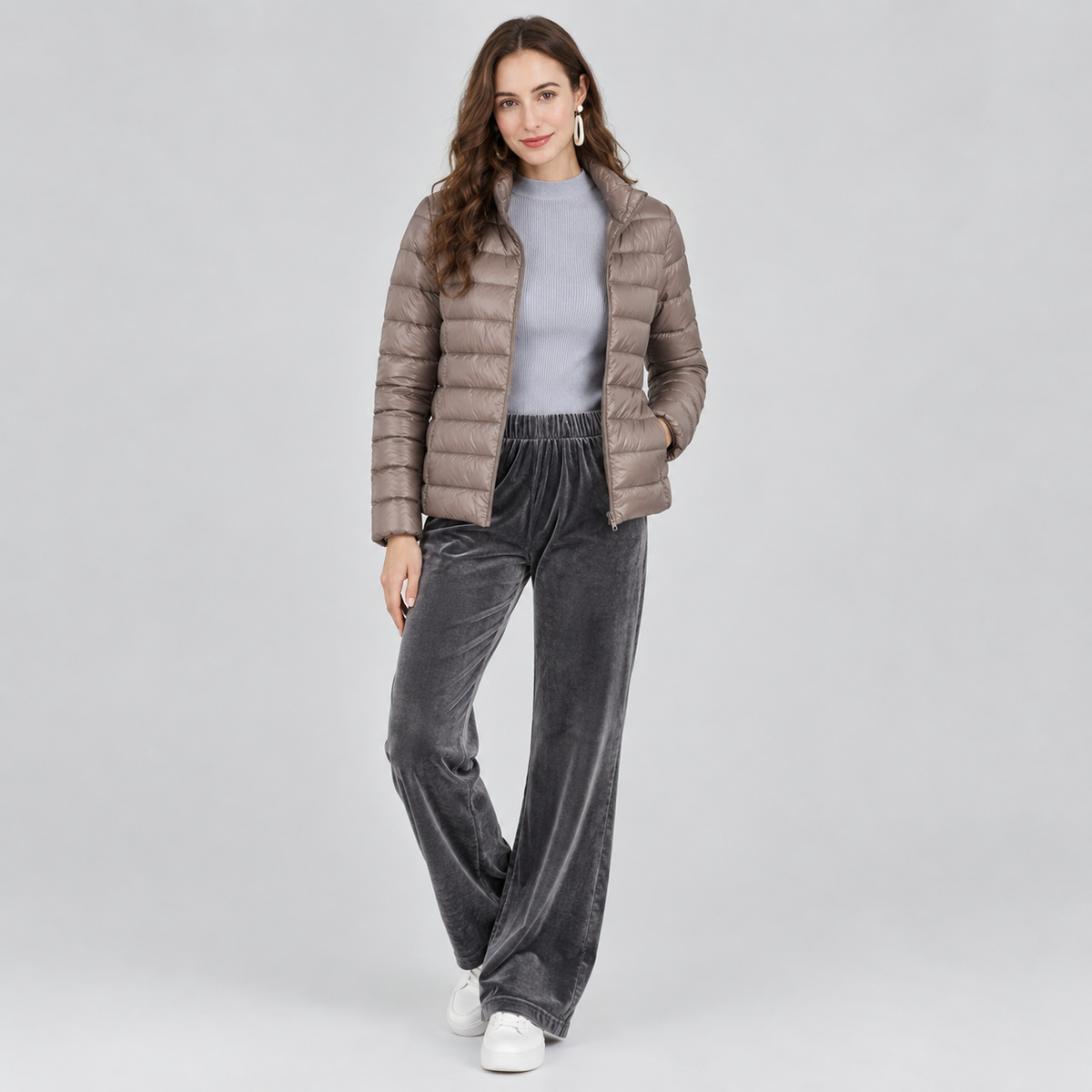 Women's Lightweight Quilted Puffer Coat on a model, colour option