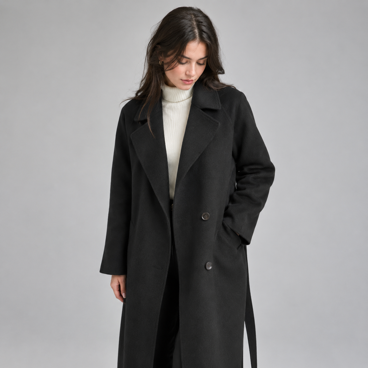Women's Long Lapel Button Coat on a model, front detail