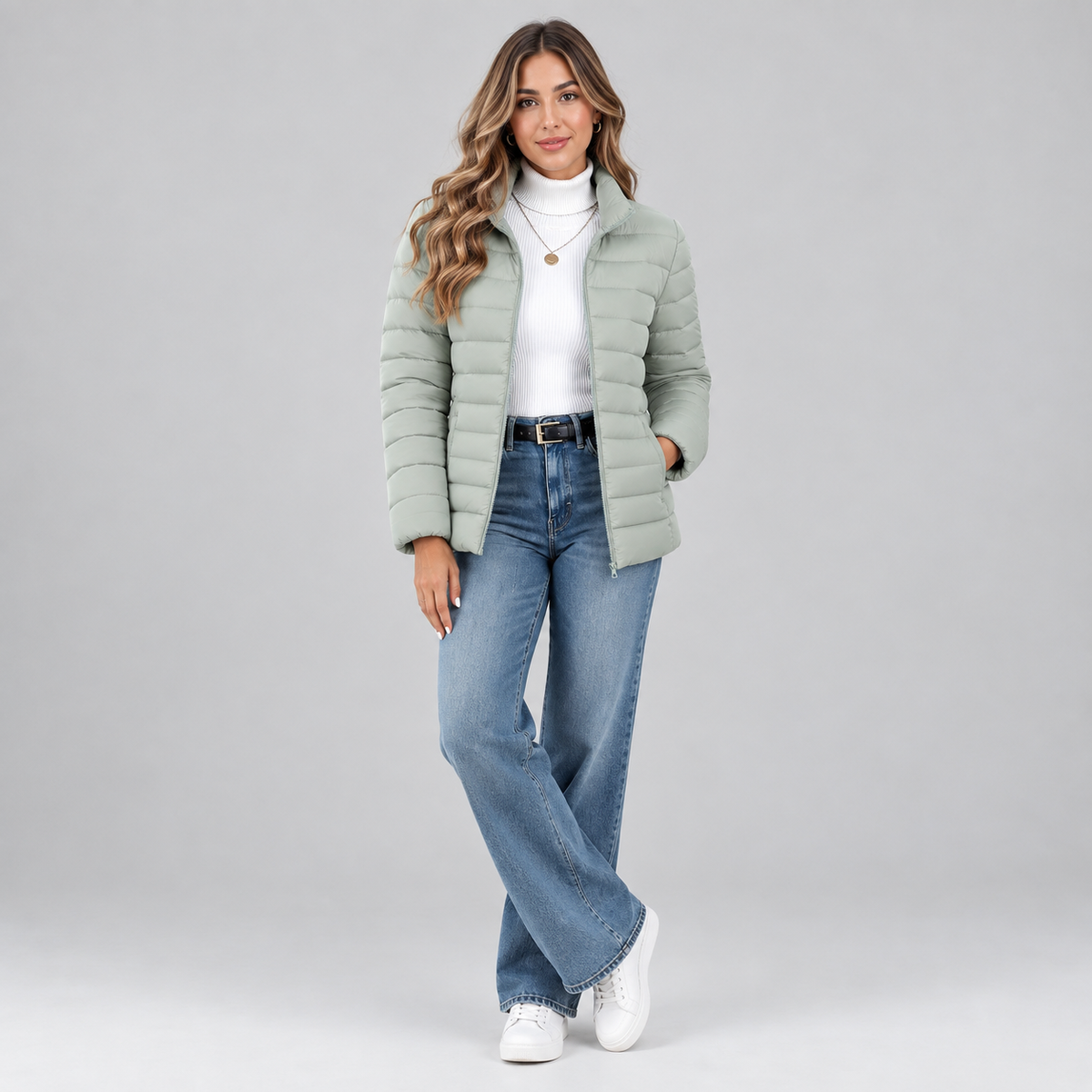 Women's Lightweight Quilted Puffer Coat on a model, front view