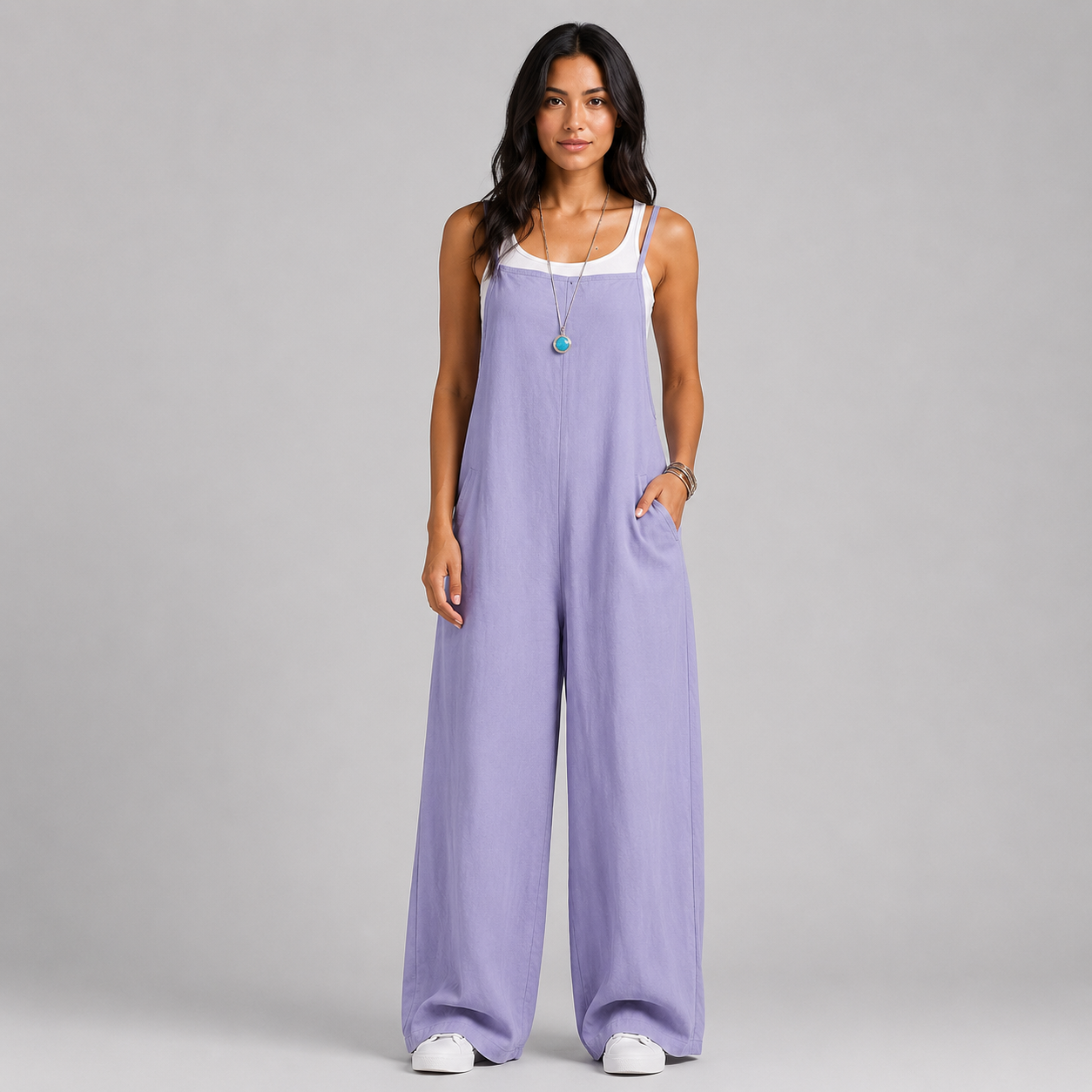 Women's Linen Wide Leg Pants Dungaree Jumpsuit