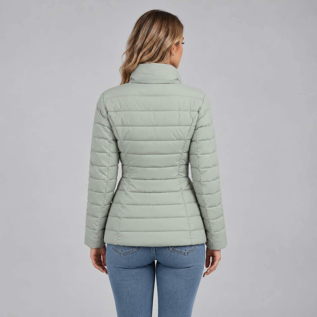 Women's Lightweight Quilted Puffer Coat on a model, back view