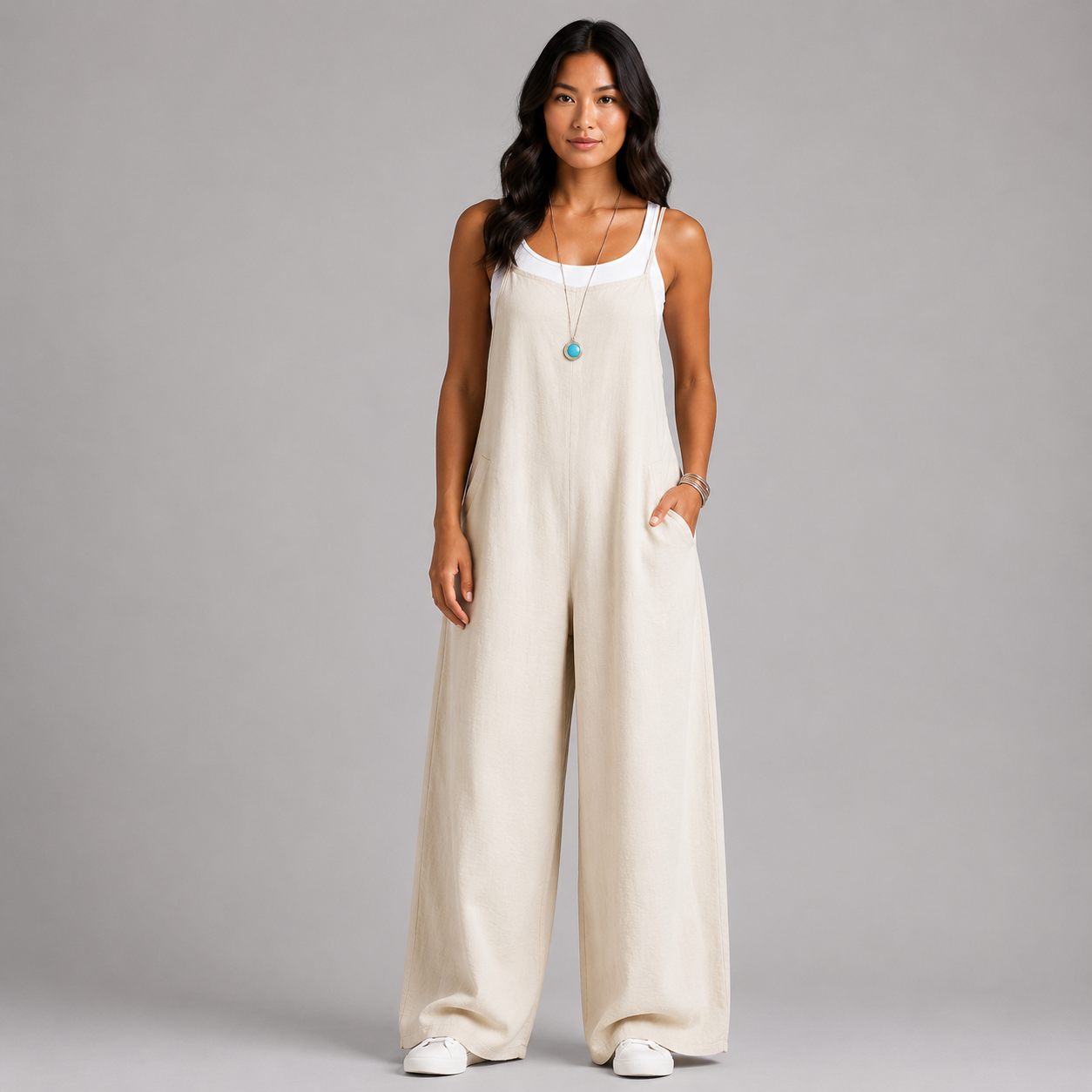 Women's Linen Wide Leg Pants Dungaree Jumpsuit