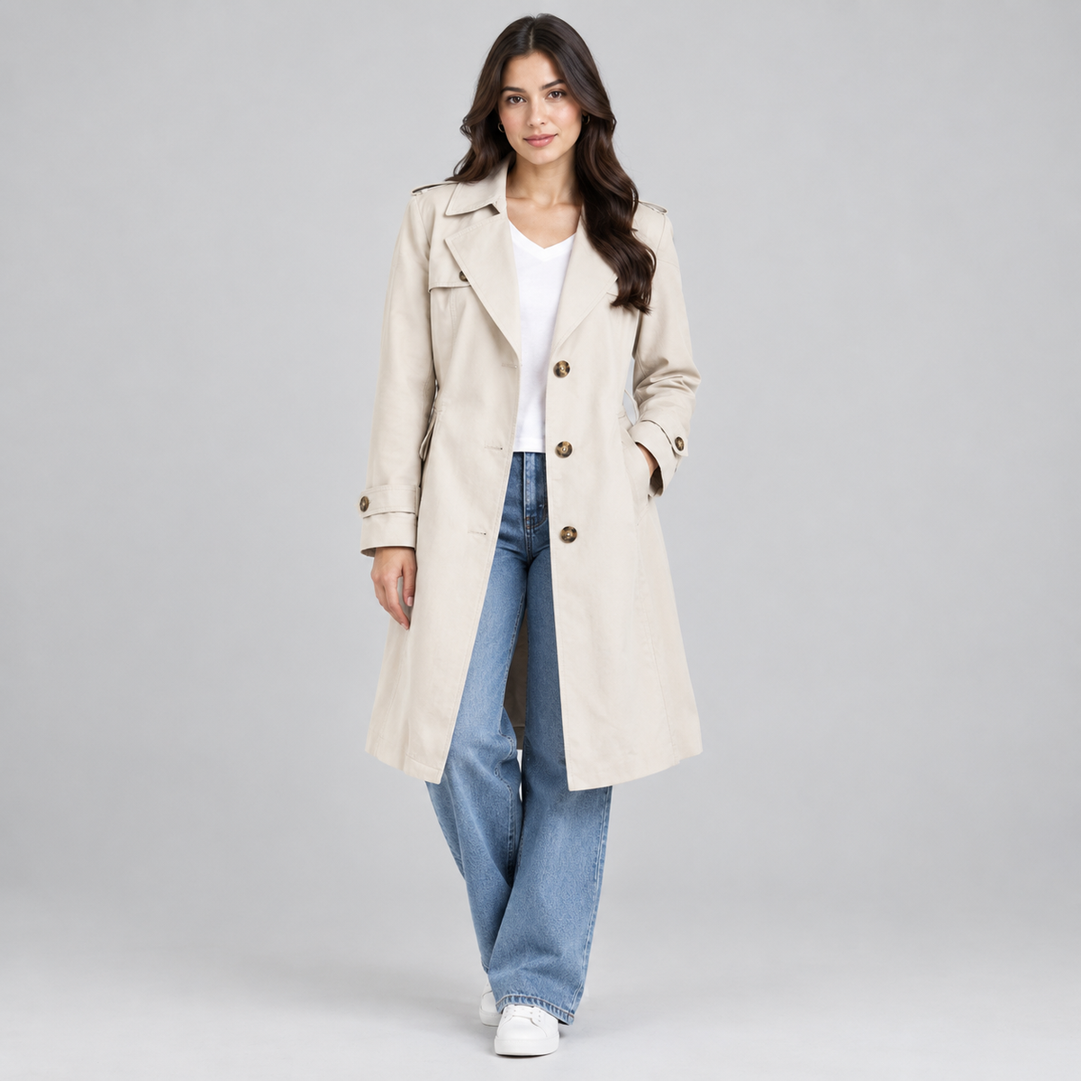 Women's Tailored Longline Button Coat on a model, colour option