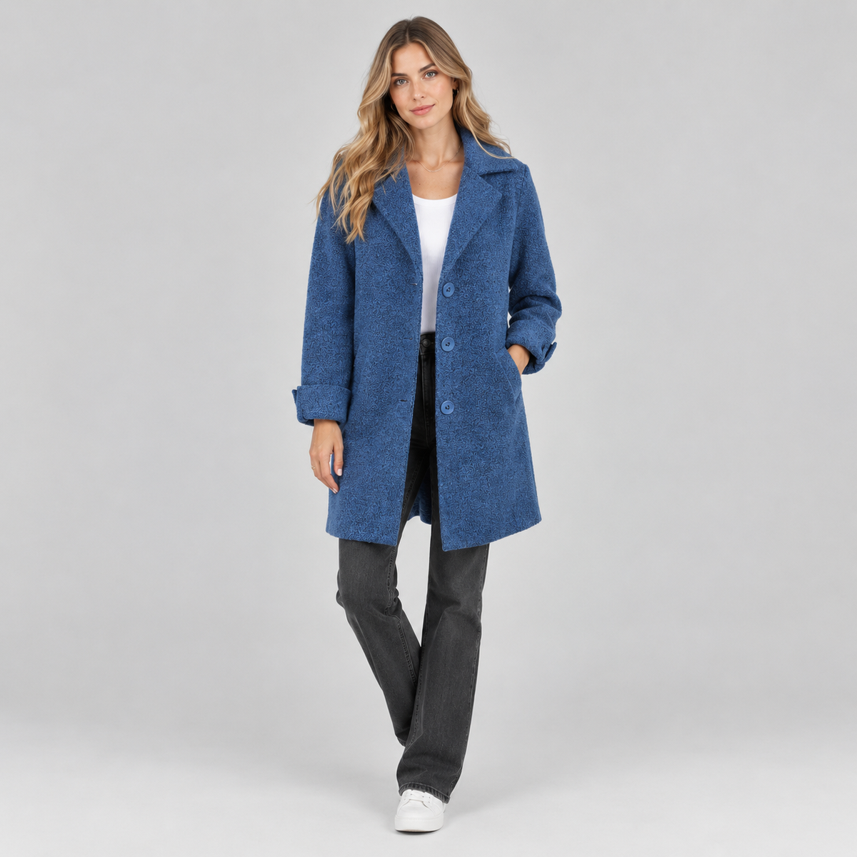 Women's Longline Button-Front Lapel Coat on a model, front view