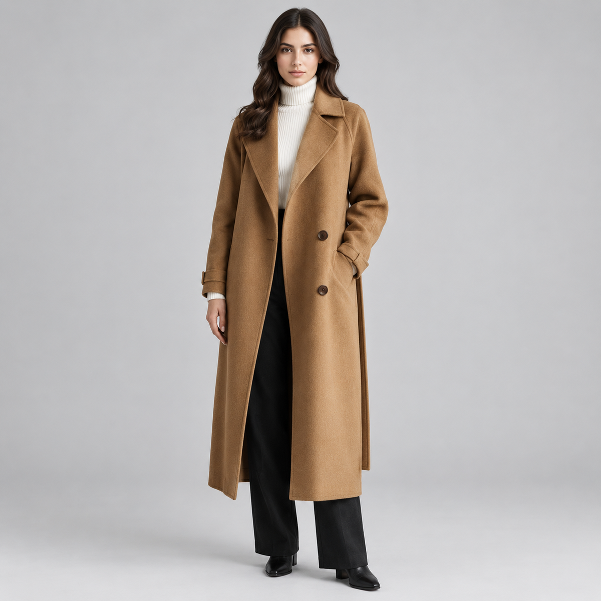 Women's Long Lapel Button Coat on a model, colour option