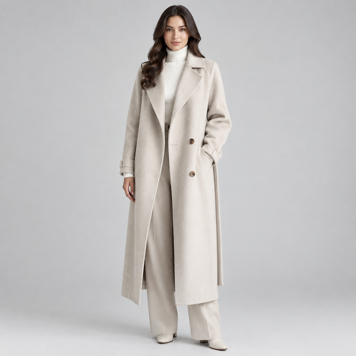 Women's Long Lapel Button Coat on a model, colour option