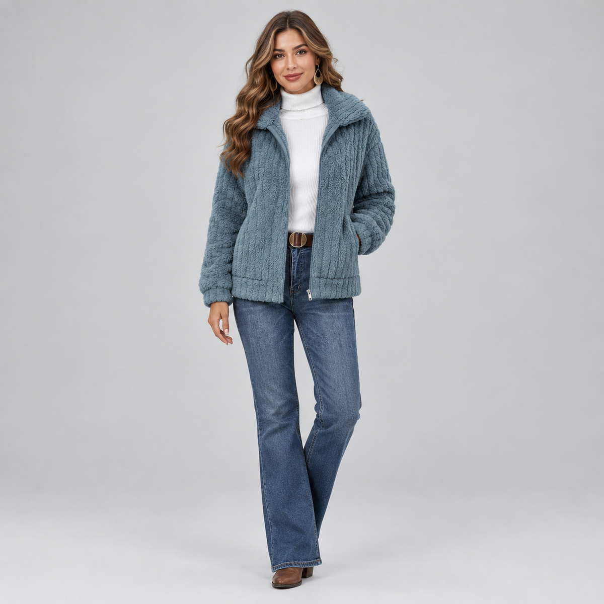 Women's Fluffy Zip-Up Teddy Fleece Jacket on a model, colour option