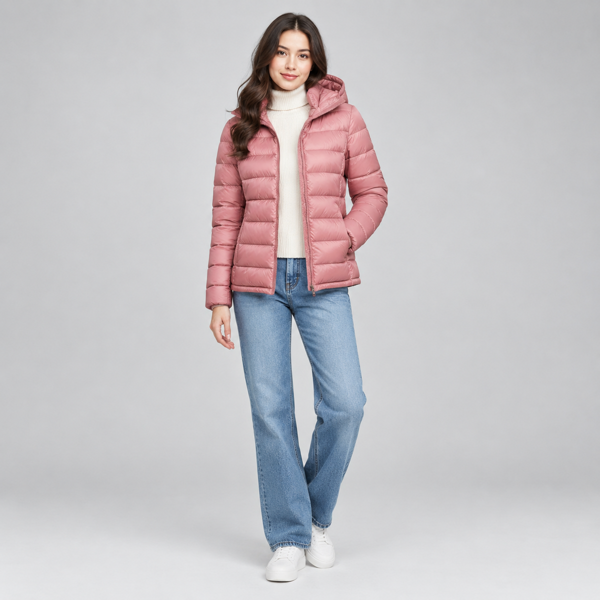 Women's Lightweight Hooded Quilted Jacket on a model, colour option