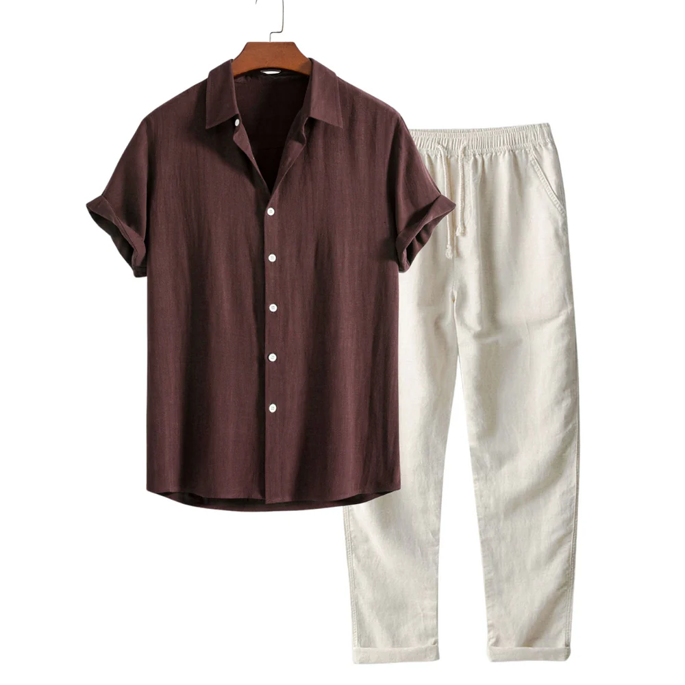 Men's Linen Short Sleeve Shirt Drawstring Trousers Set Summer