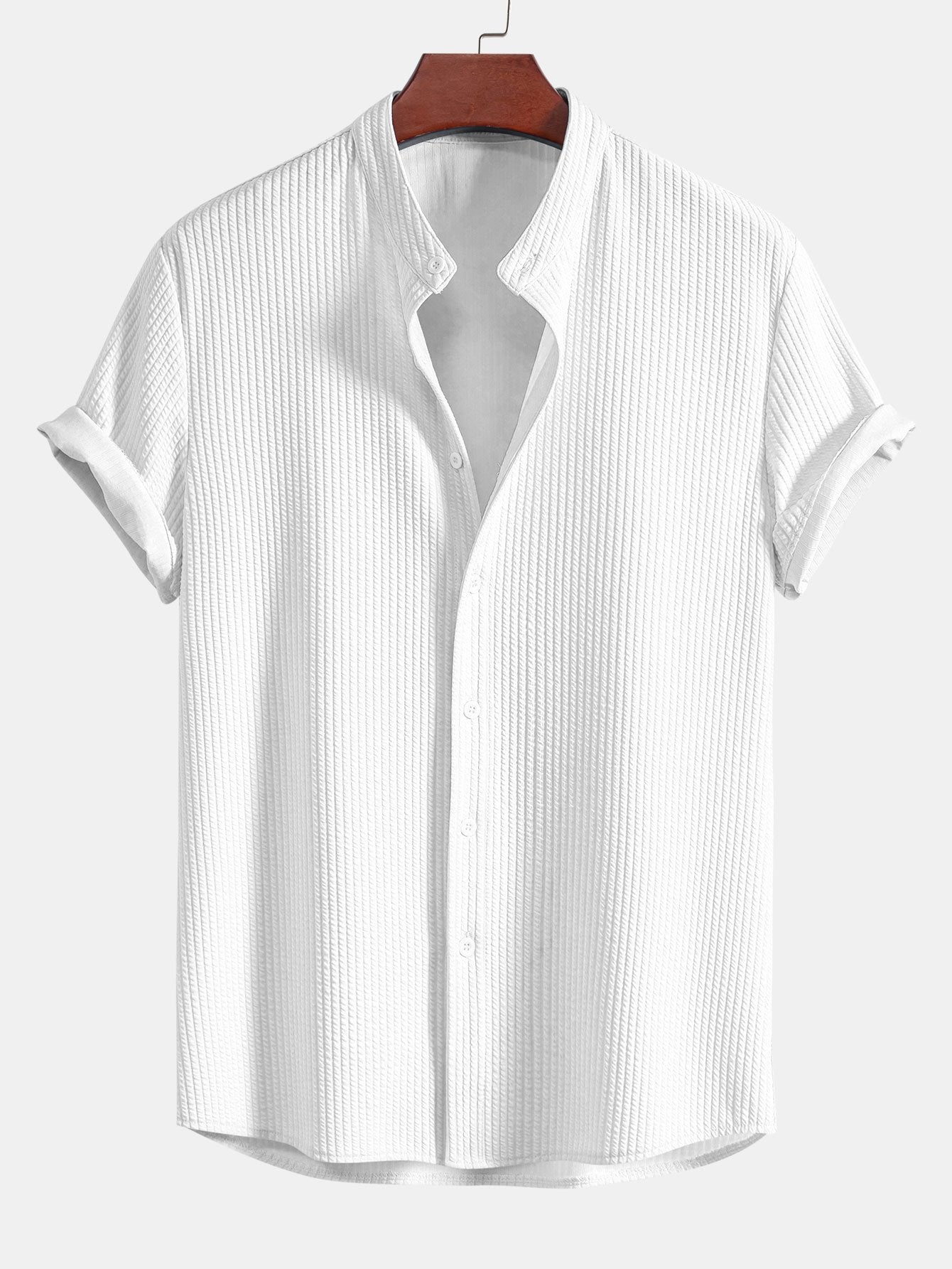 Men's Short Sleeve Textured Shirt Stand Up Collar Summer