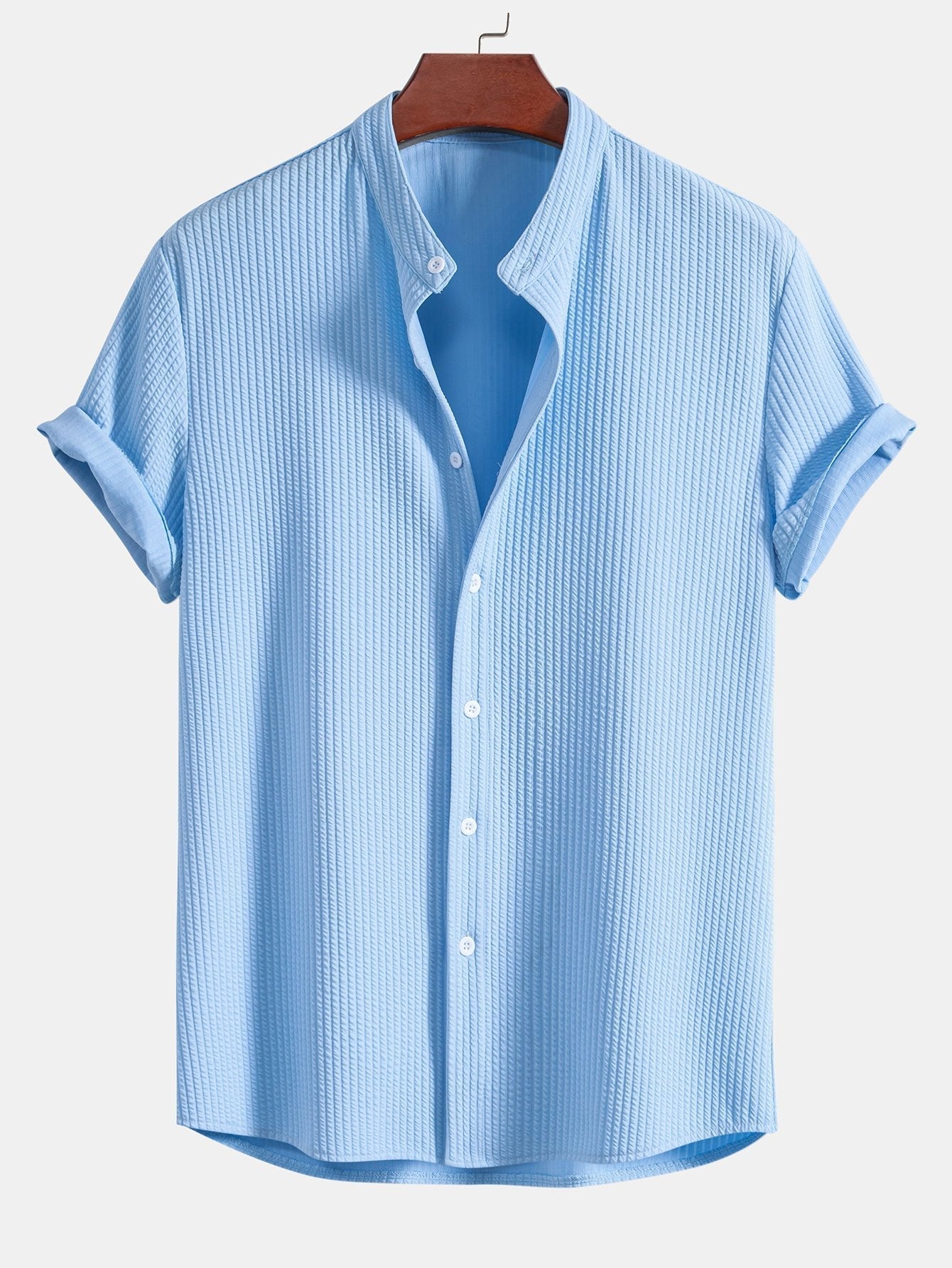 Men's Short Sleeve Textured Shirt Stand Up Collar Summer