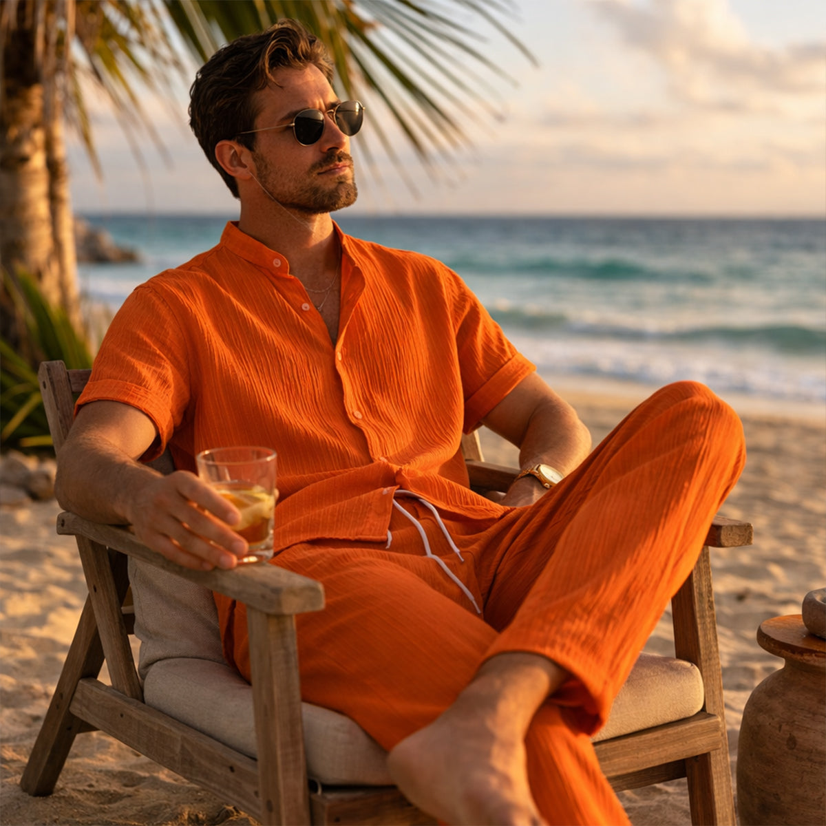 Men's Textured Stand Collar Shirt Trousers Co-ord Set Summer
