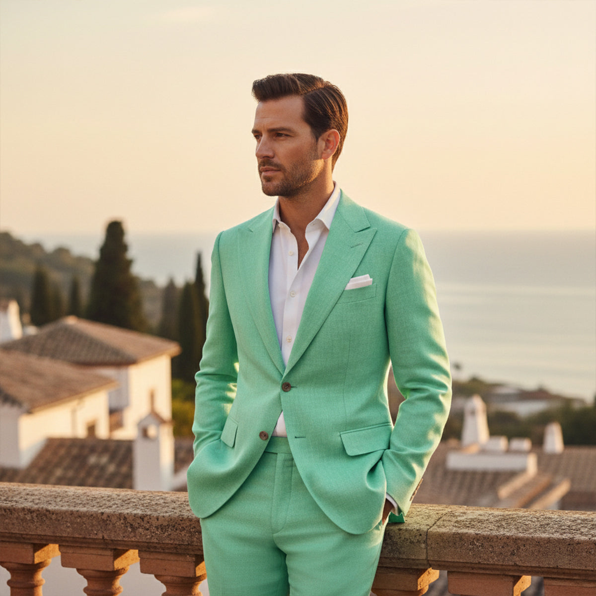 Men's Linen Notch Lapel Two Piece Blazer and Trouser Suit Set