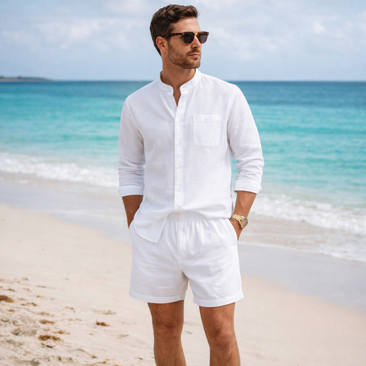 The Mykonos Men's Two Piece Set, Mandarin Collar Shirt and Drawstring Shorts