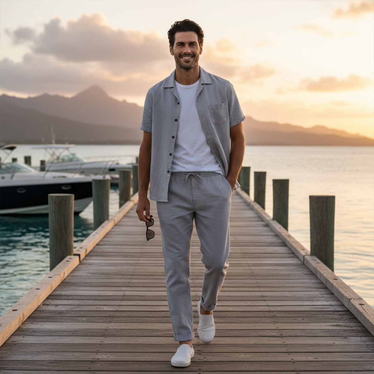 Men's Linen Camp Collar Shirt Trousers Co-ord Set Summer