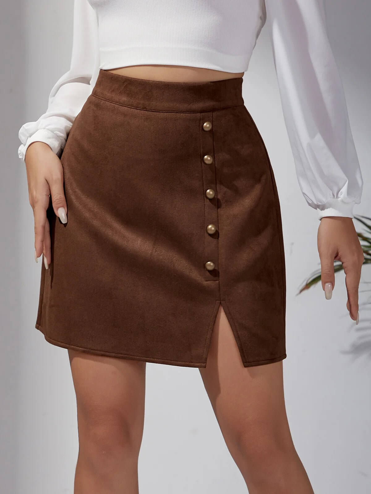 Nina – Suede Look Button Mini Skirt with Front Slit - Lena Muse