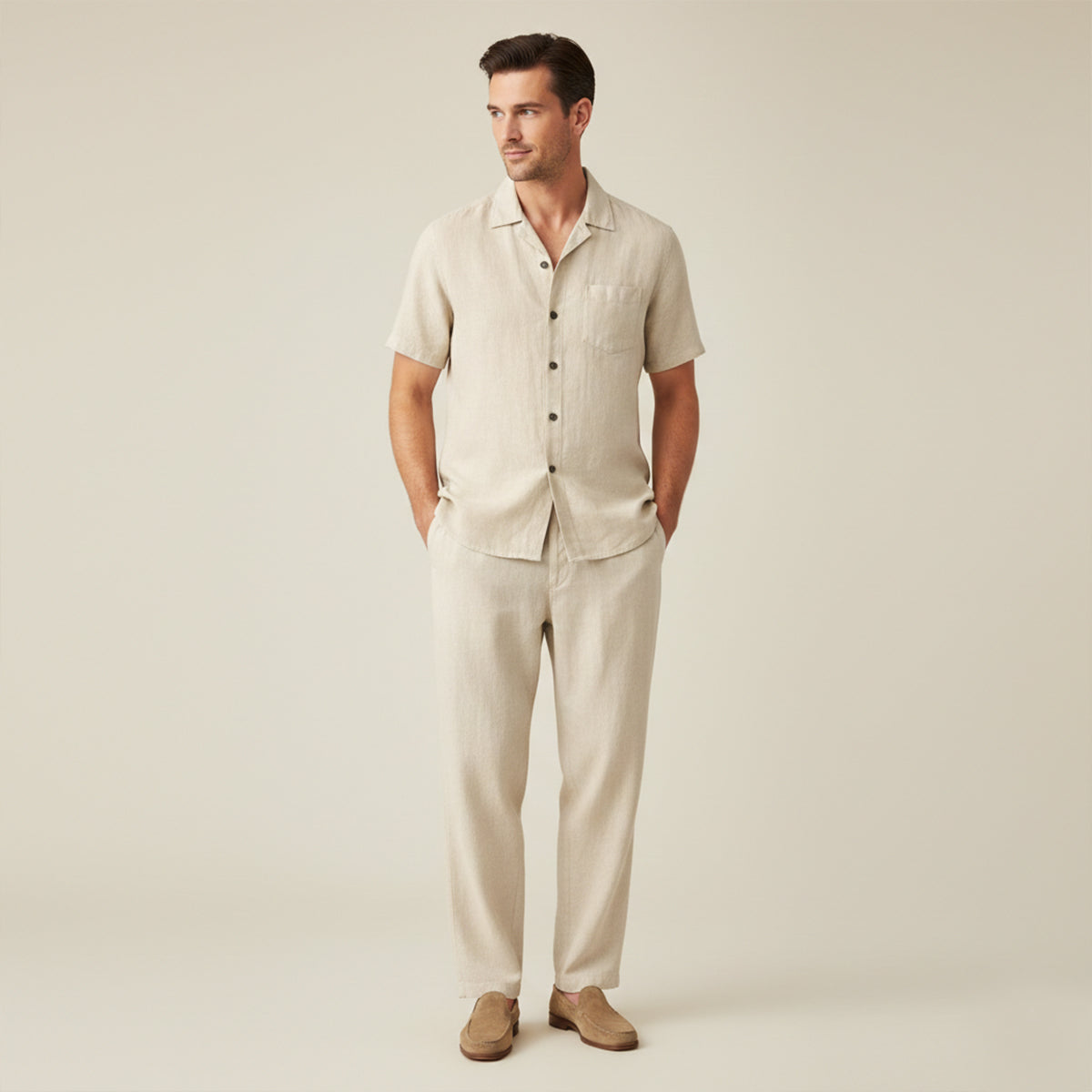 Men's Linen Camp Collar Shirt Trousers Co-ord Set Summer