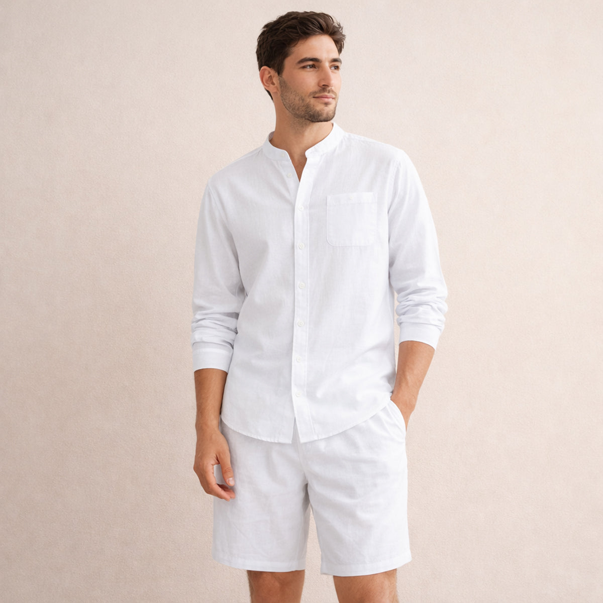 The Mykonos Men's Two Piece Set, Mandarin Collar Shirt and Drawstring Shorts