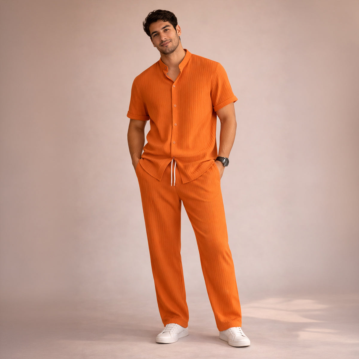 Men's Textured Stand Collar Shirt Trousers Co-ord Set Summer