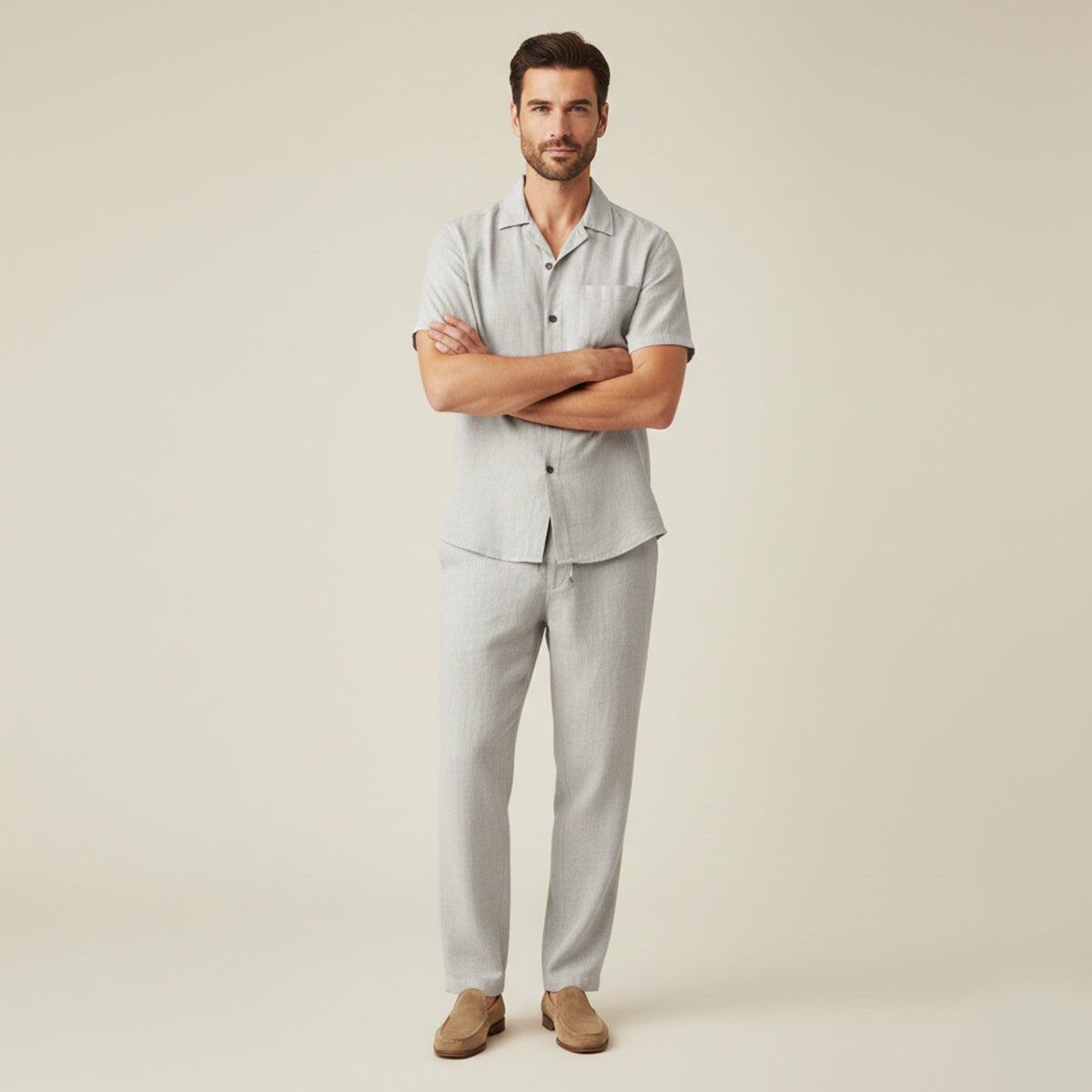 Men's Linen Camp Collar Shirt Trousers Co-ord Set Summer