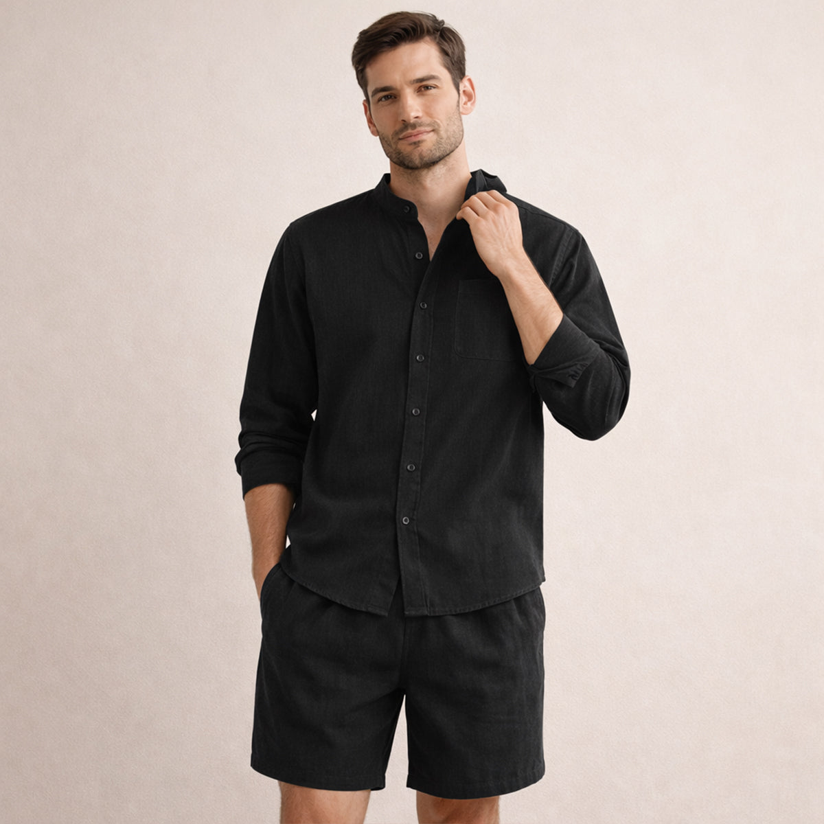 The Mykonos Men's Two Piece Set, Mandarin Collar Shirt and Drawstring Shorts