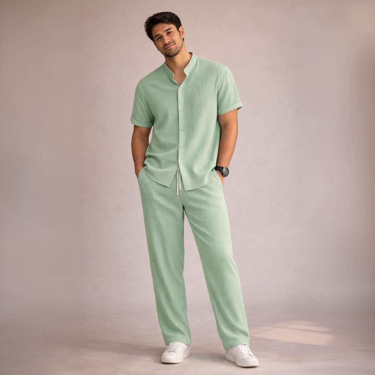 Men's Textured Stand Collar Shirt Trousers Co-ord Set Summer