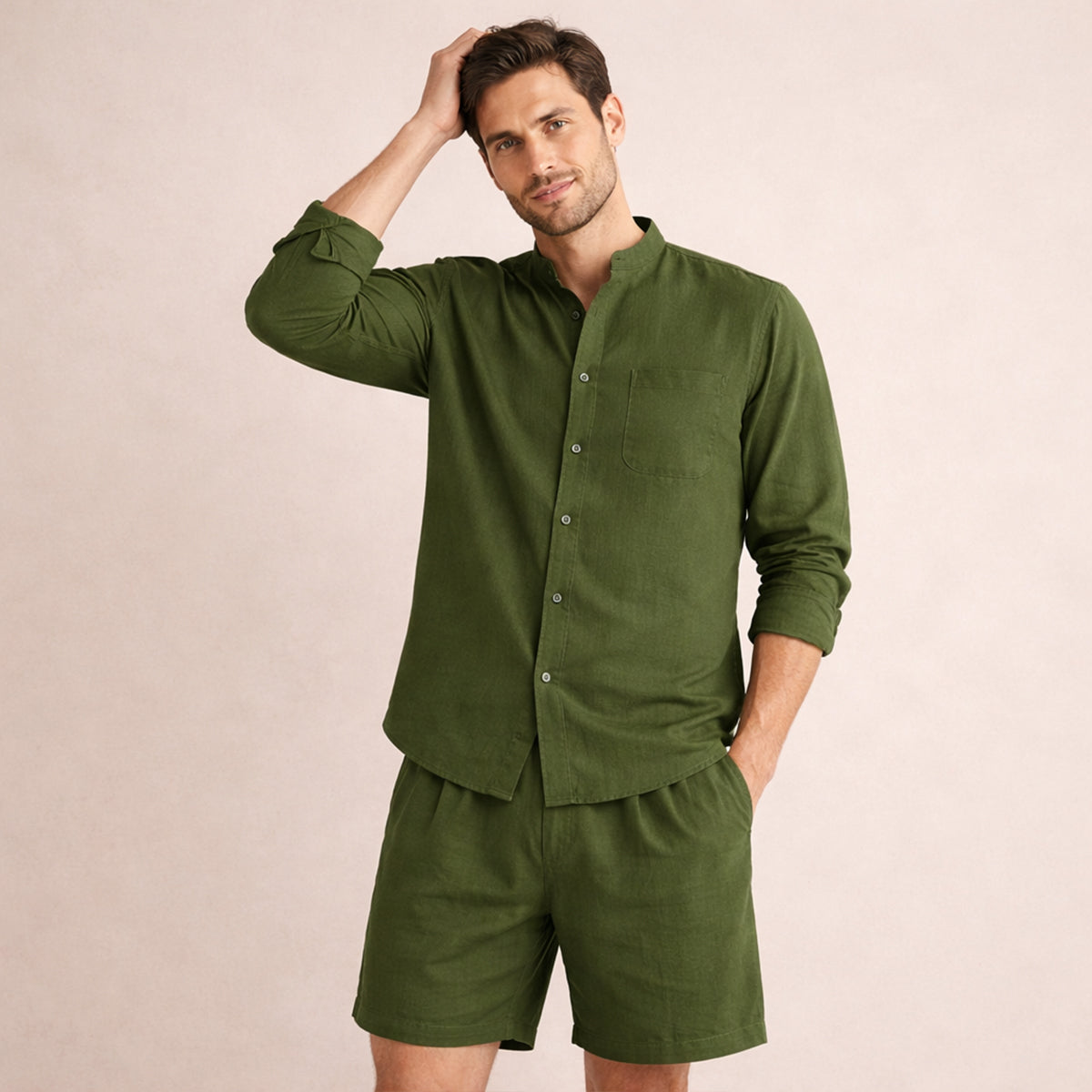 The Mykonos Men's Two Piece Set, Mandarin Collar Shirt and Drawstring Shorts
