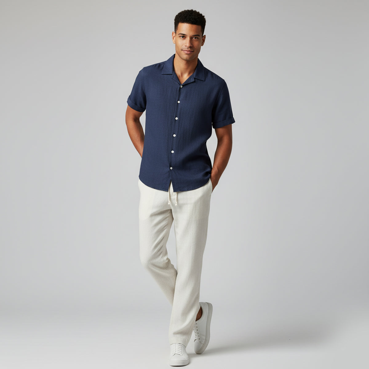 Men's Linen Short Sleeve Shirt Drawstring Trousers Set Summer